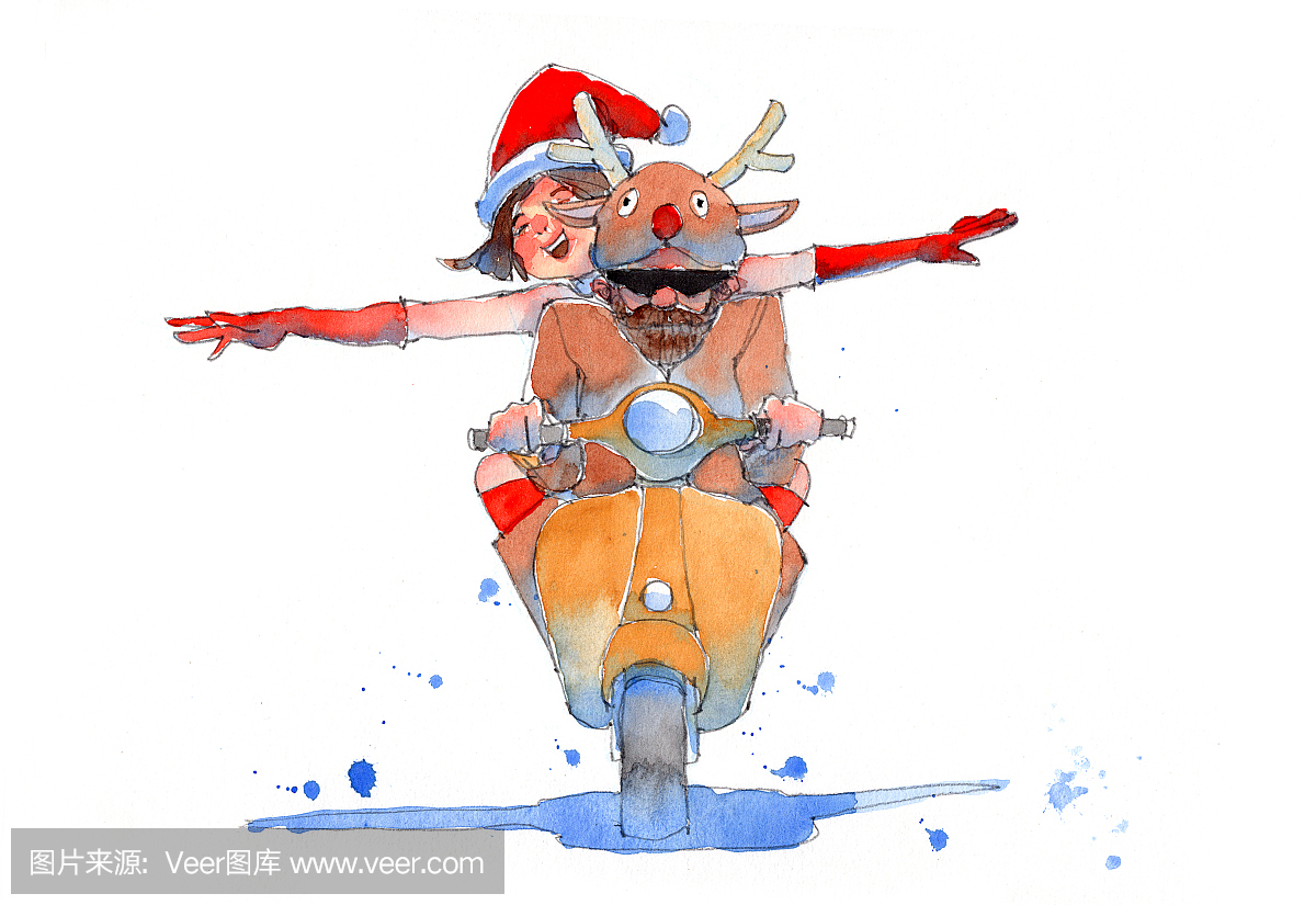 水彩绘画插图组的年轻夫妇在圣诞漂亮的衣服与