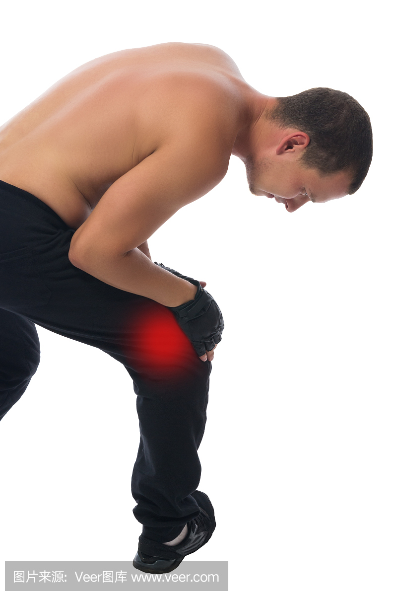man crouched with pain in the knee isolated on