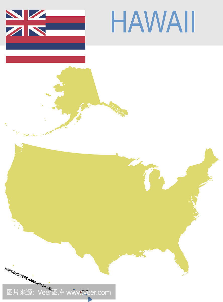 美国夏威夷州的地图和国旗