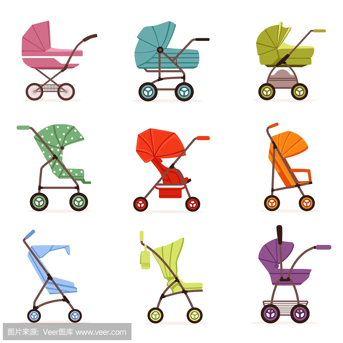 婴儿推车套,不同类型的孩子运输,炫彩矢量插图