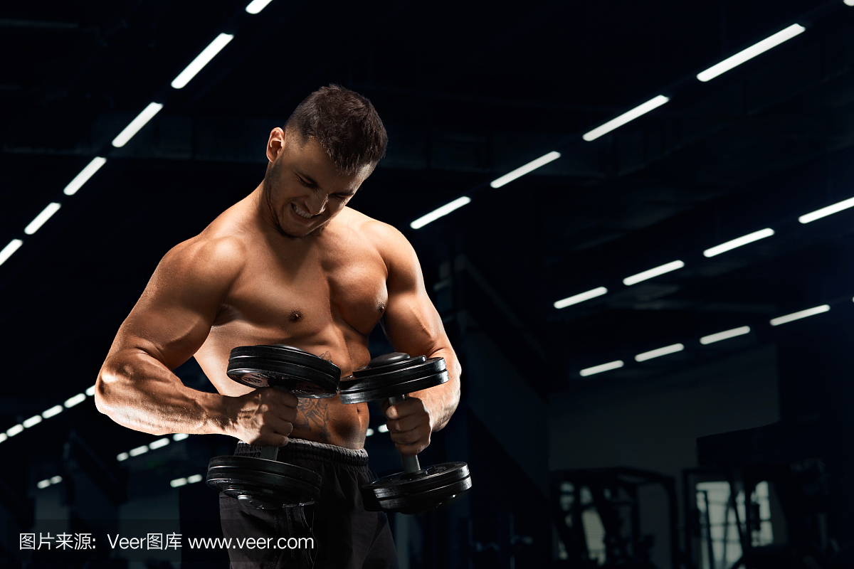 用哑铃在健身房锻炼的肌肉健美。强壮健壮的男