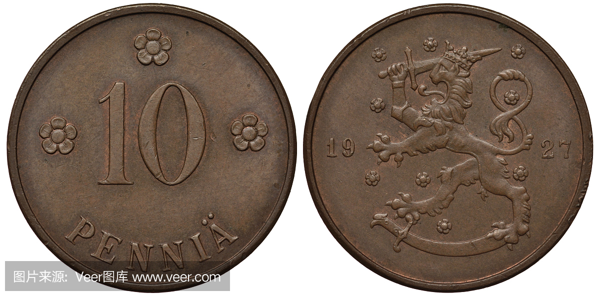 芬兰芬兰粟米币10十便士1927年,花面值数字,冠