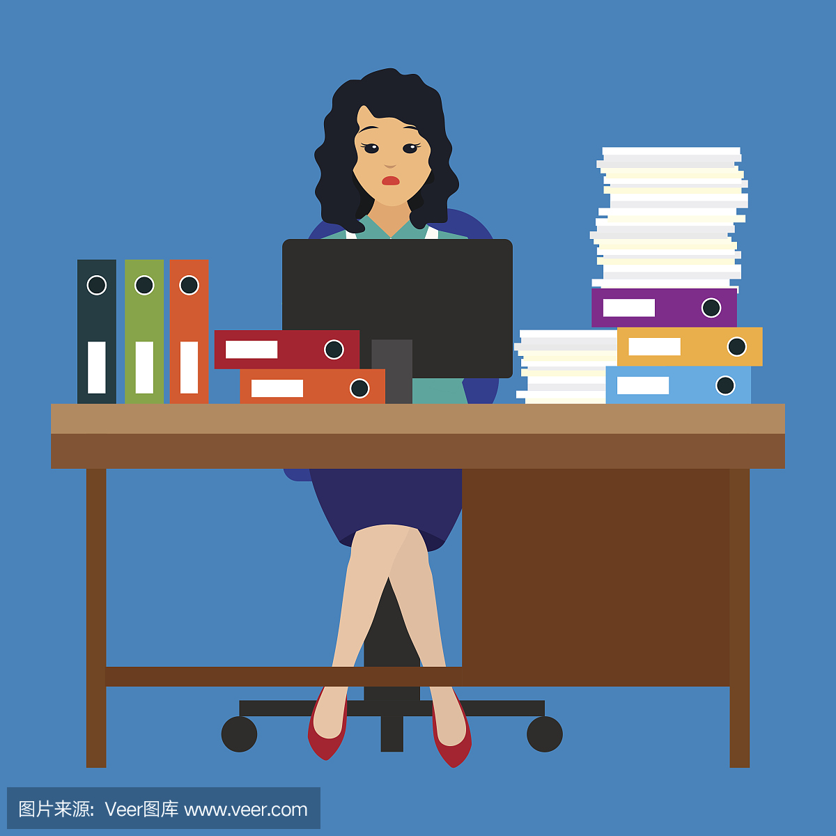 忙碌的女商人强调,由于工作量过多,文书工作在