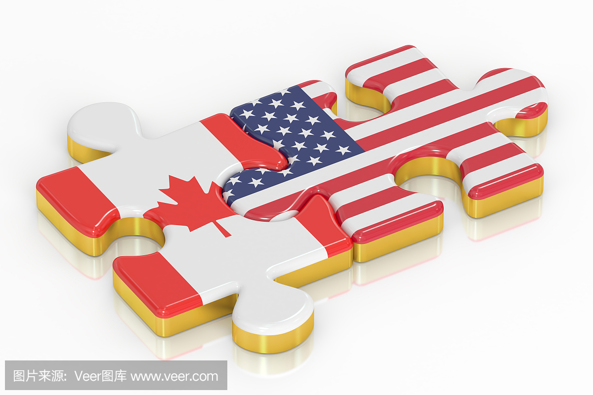 美国和加拿大从旗帜,关系概念拼图。 3D渲染