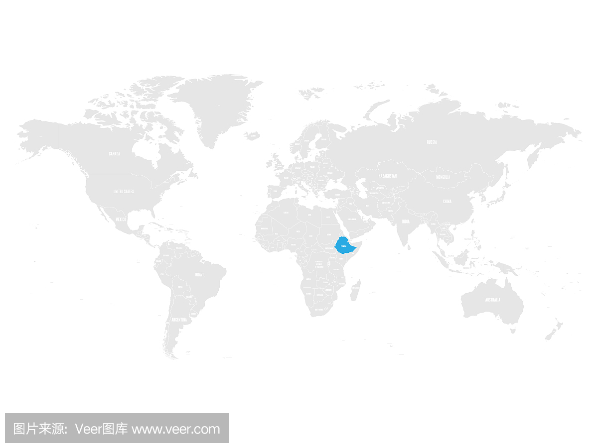埃塞俄比亚由灰色世界政治地图的蓝色标记。矢