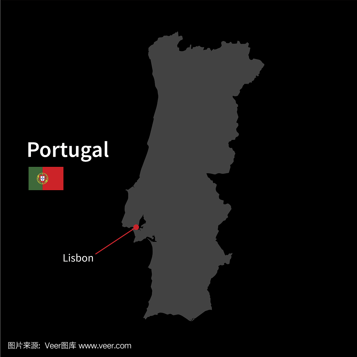 详细的葡萄牙地图和首都里斯本与国旗