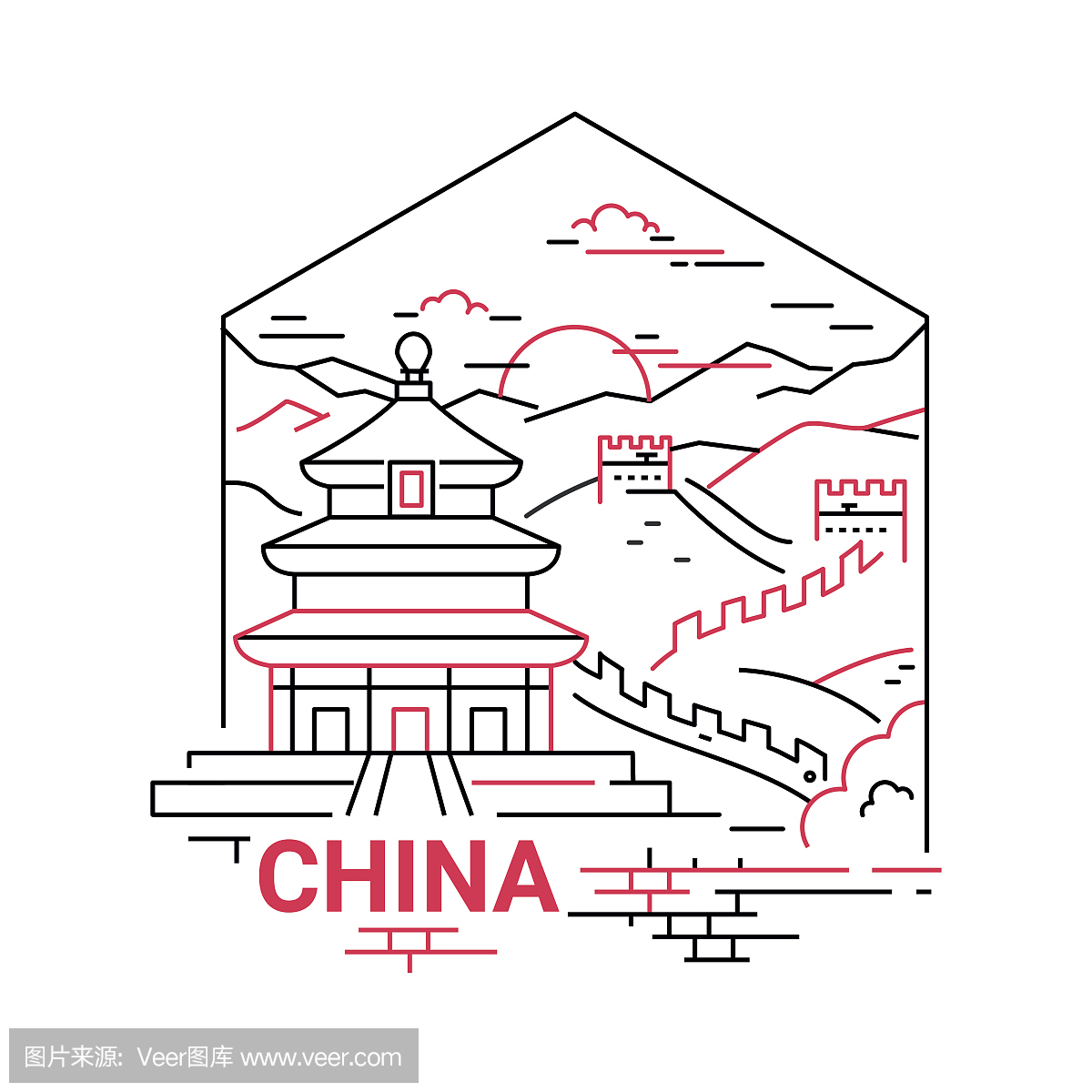 中国 - 现代矢量线旅行插图
