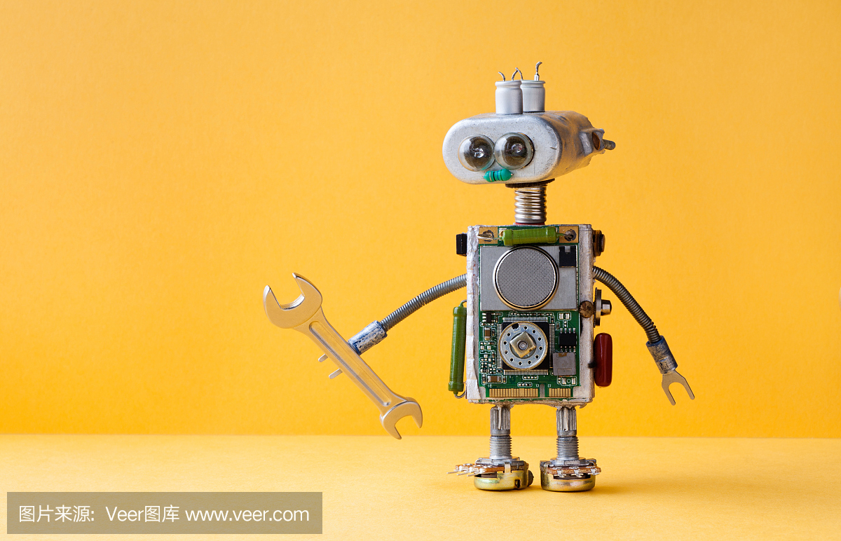 Hand wrench robot serviceman worker on yello