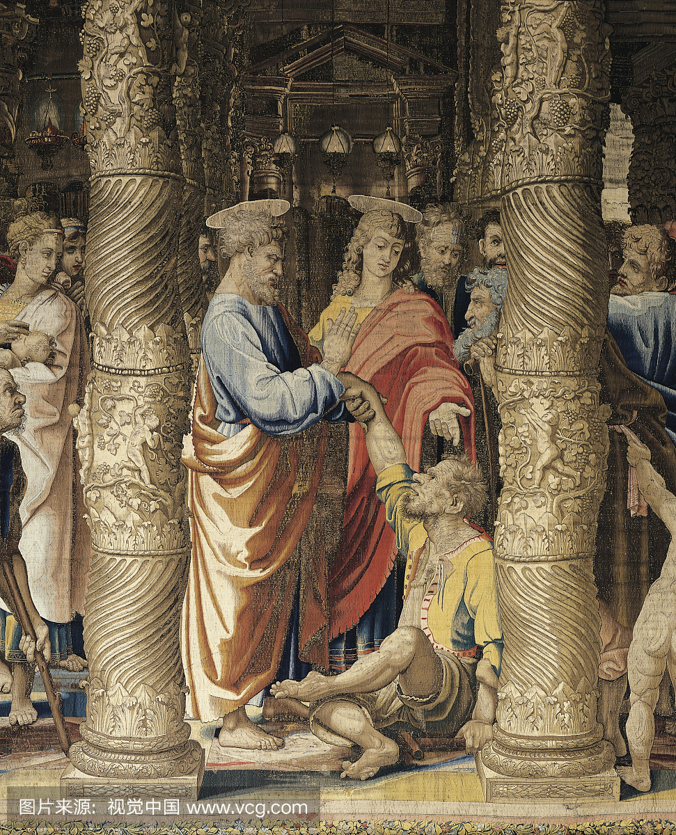 圣彼得治疗跛脚的人,16世纪挂毯的细节基于拉