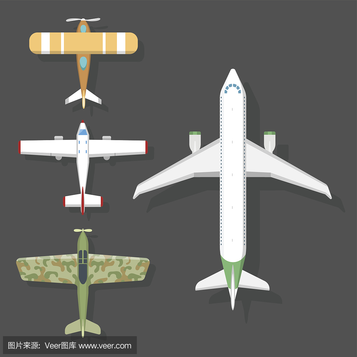 矢量飞机插图顶视图和飞机运输旅行方式设计旅