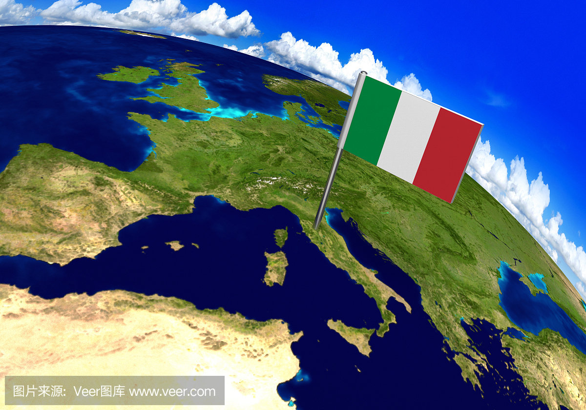 在世界地图上的意大利国家的标志