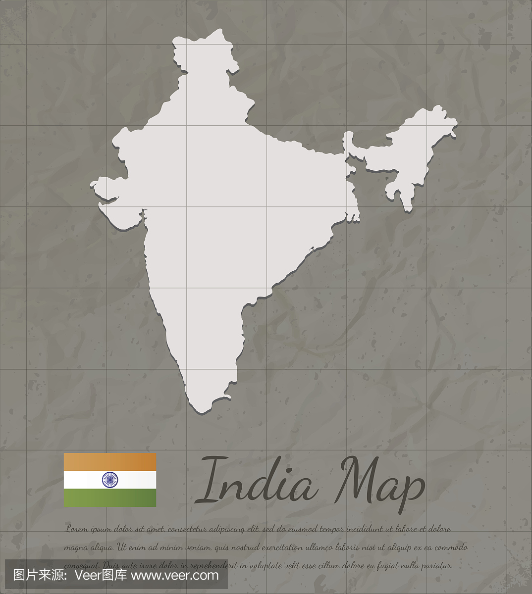 葡萄牙印度地图。纸卡地图剪影。向量