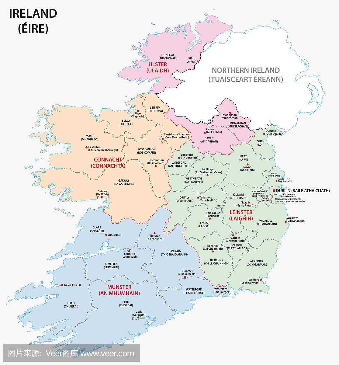 各县爱尔兰行政区划图