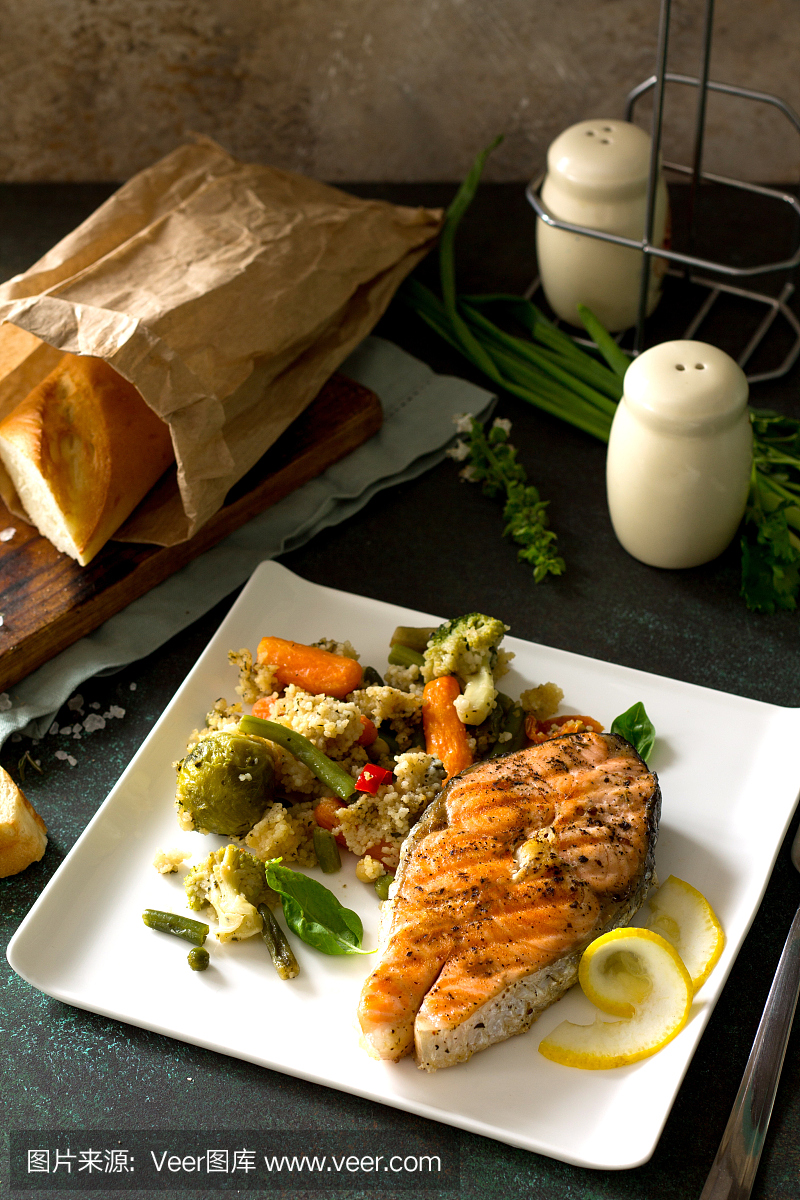 almon steak, couscous and vegetables (string b