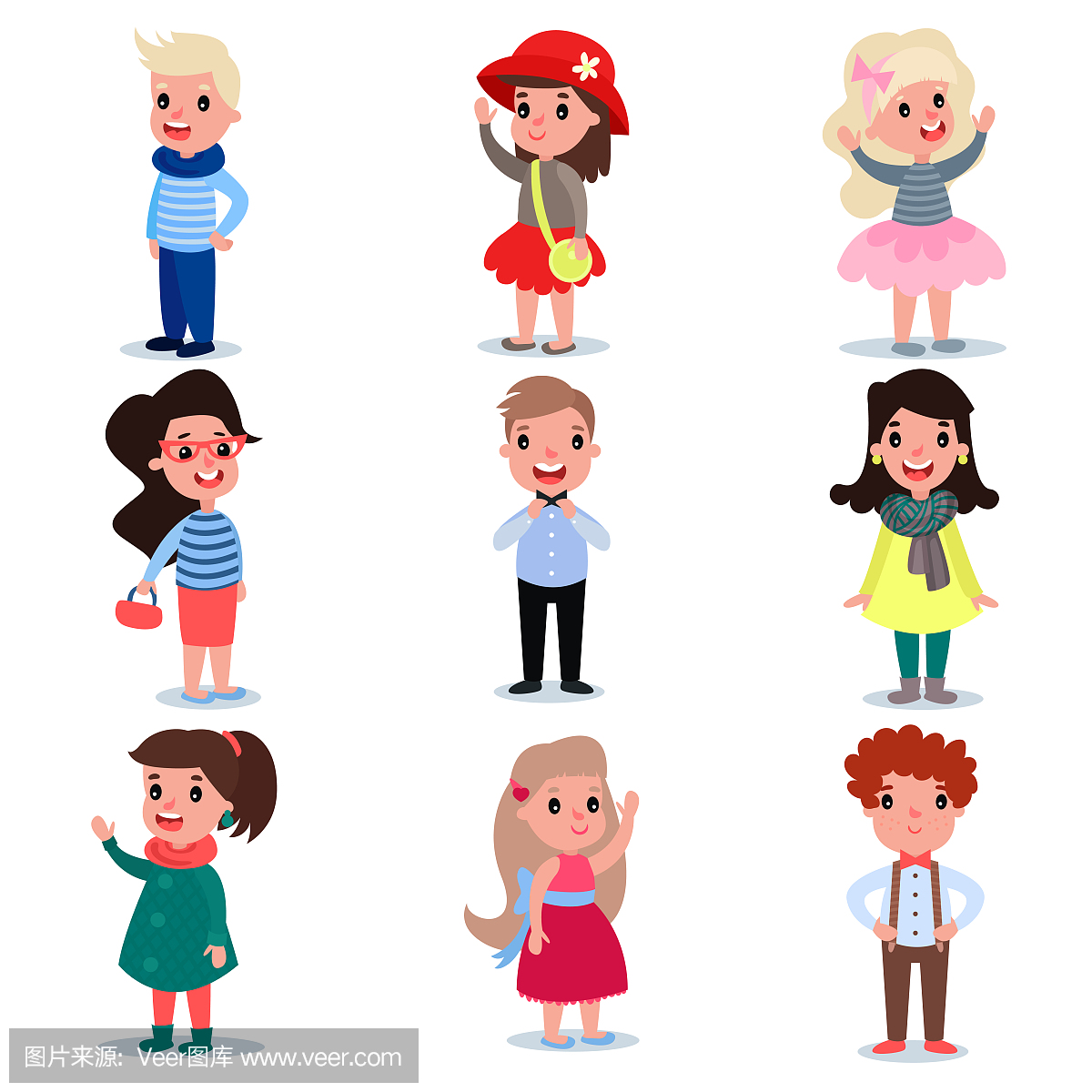 一群小孩穿着不同的时尚衣服。卡通男孩和女孩