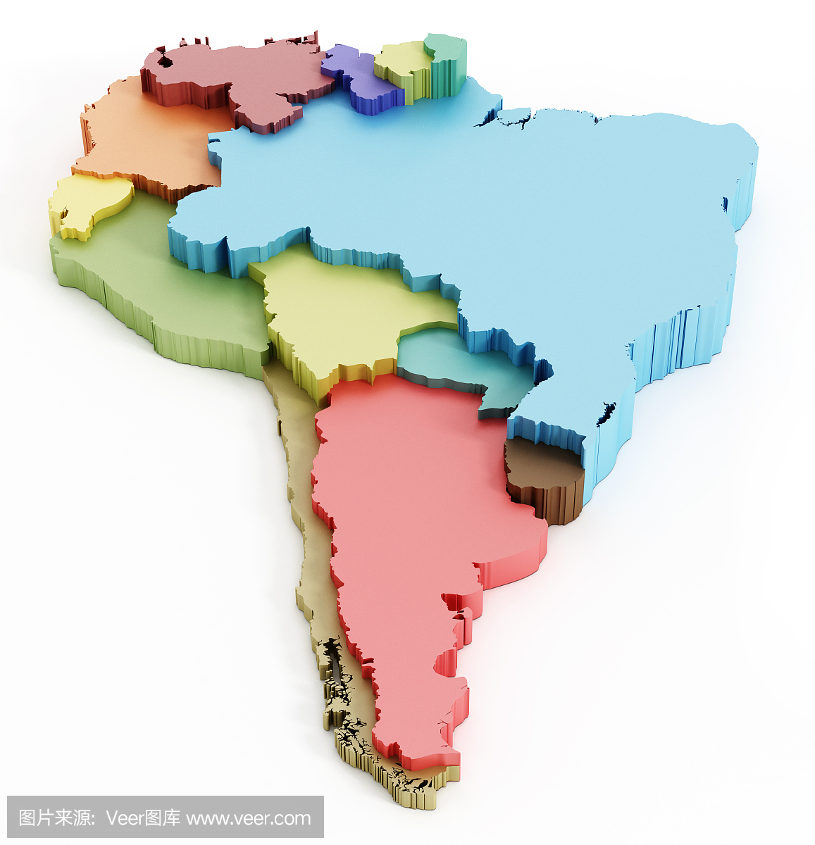 南美地图显示国家边界。