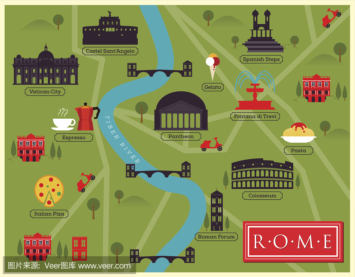 城市地图罗马插图。地标和矢量地图图标。