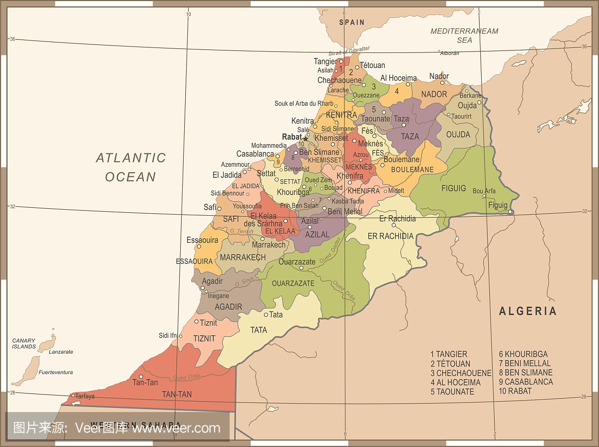 摩洛哥地图 - 老式详细的矢量图