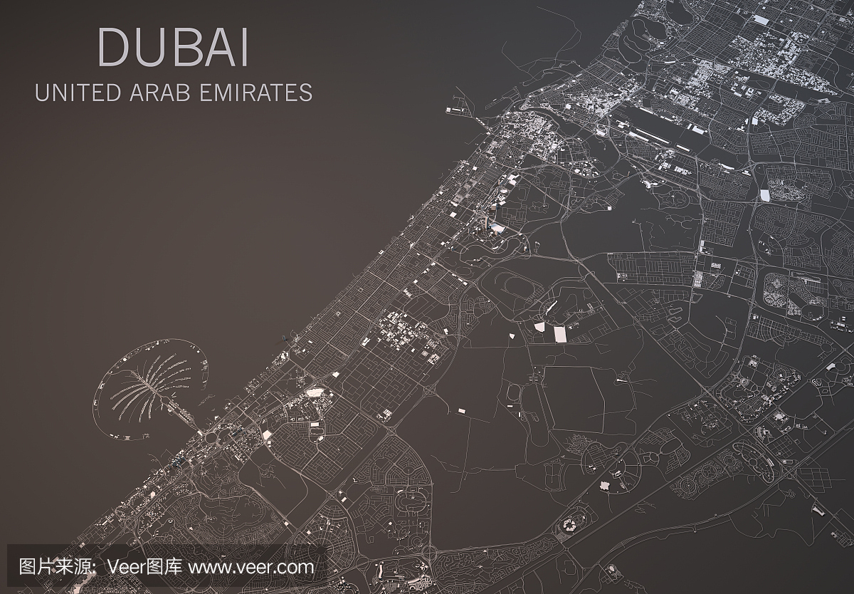 迪拜地图,卫星视图,城市,阿拉伯联合酋长国