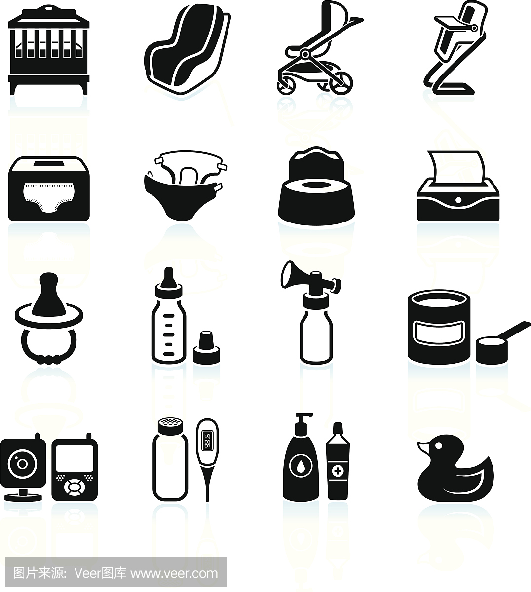 婴儿用品,食品和电器黑白图标集