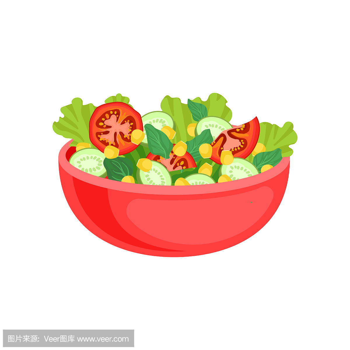 Fresh vegetable salad in red ceramic bowl. Dis