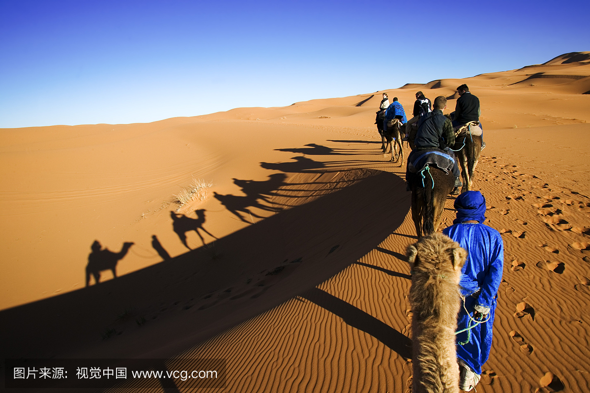 游客骑在Erg Chebbi地区,撒哈拉沙漠,摩洛哥,北
