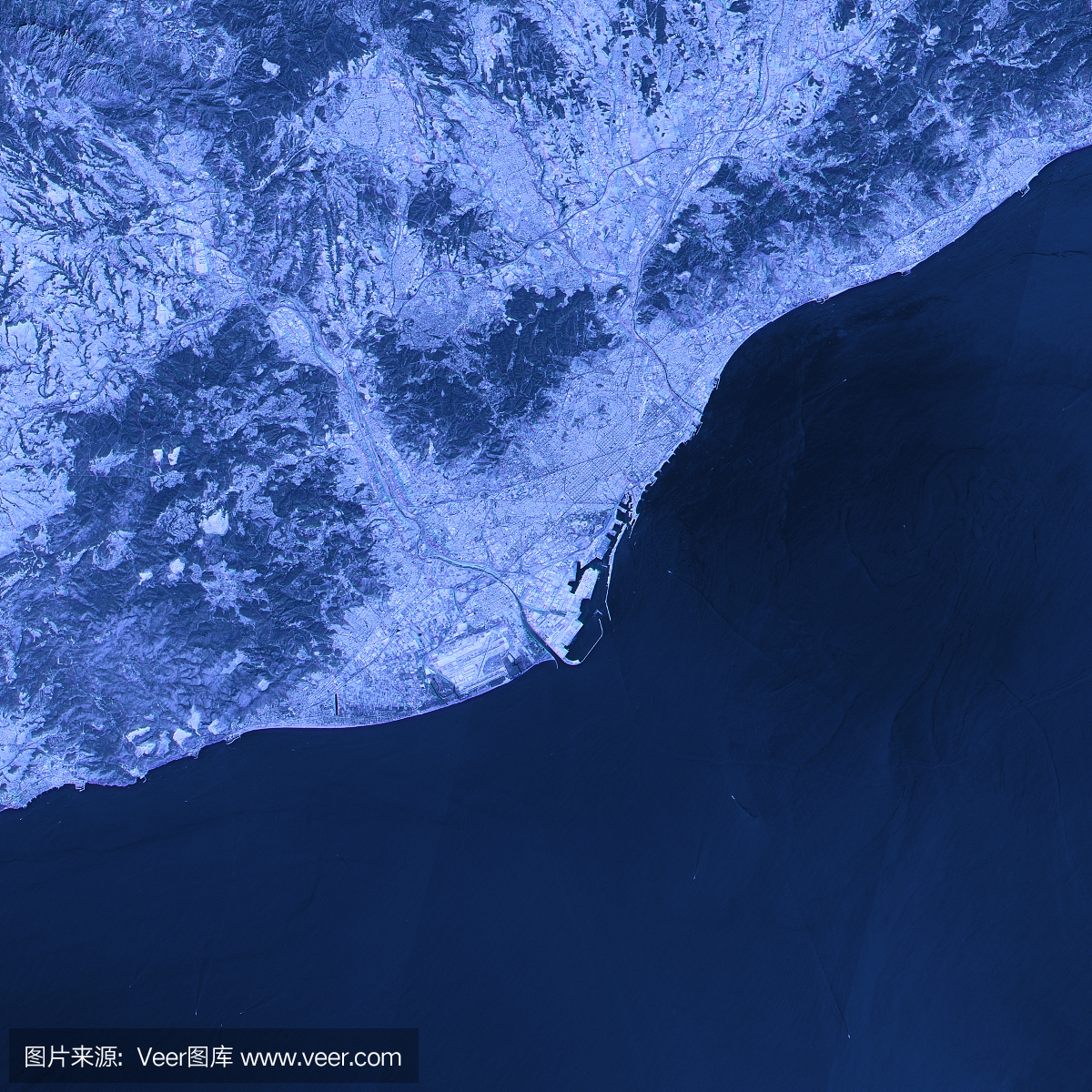 巴塞罗那抽象城市地图卫星图像蓝色