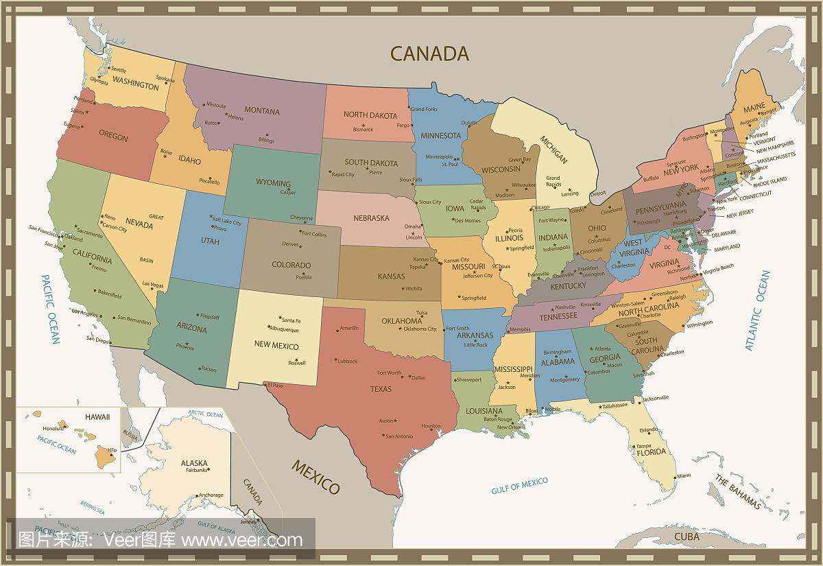 美国古老的复古彩色地图