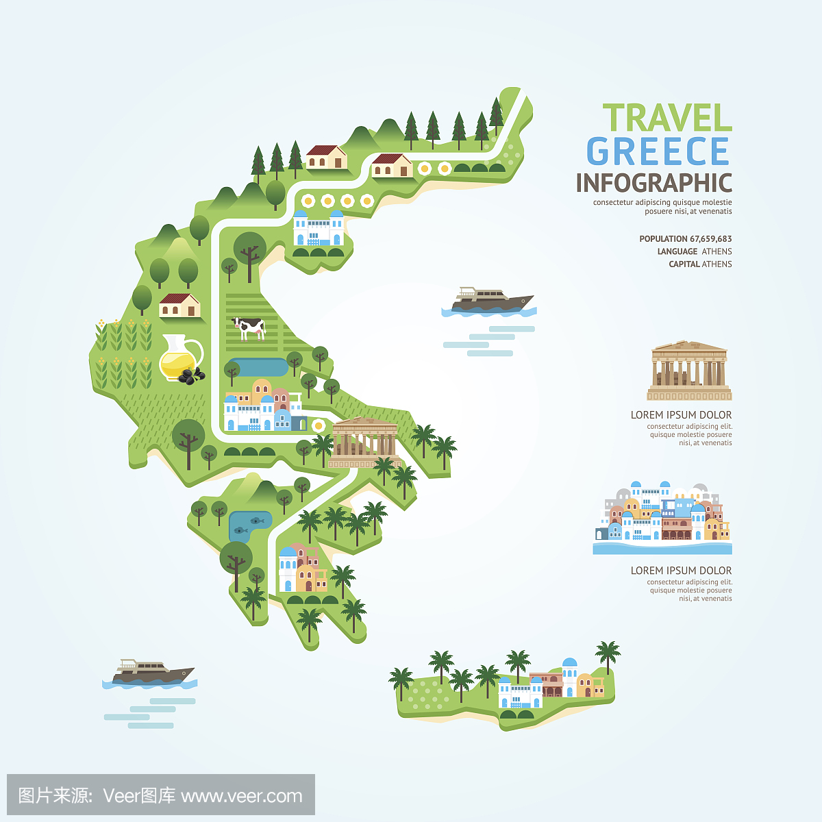 图表旅游和地标希腊地图形状模板设计