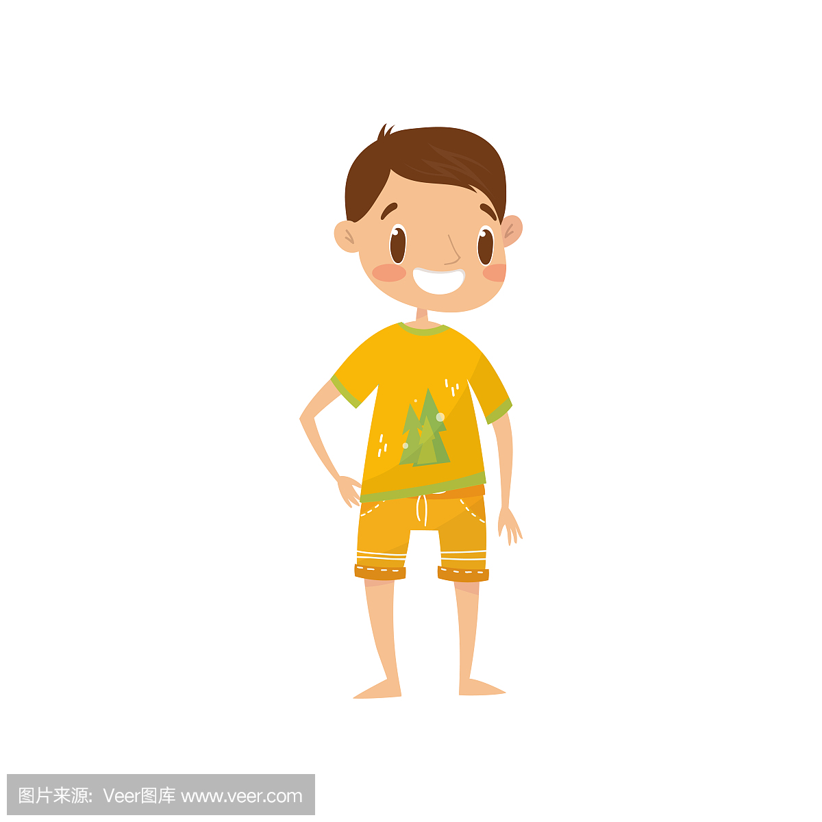 微笑的男孩在休闲夏季的衣服,橙色衬衫和短裤