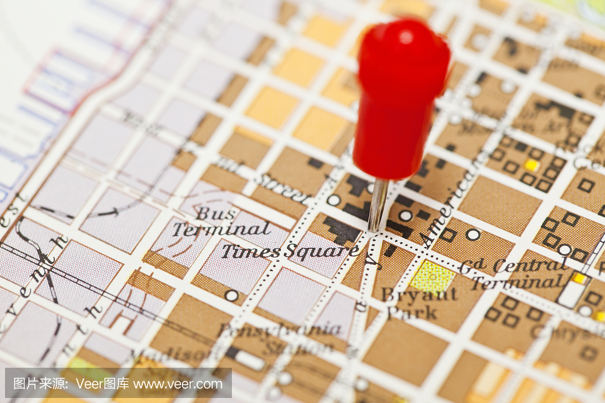 时代广场,纽约,图钉在地图上。旅行目的地。