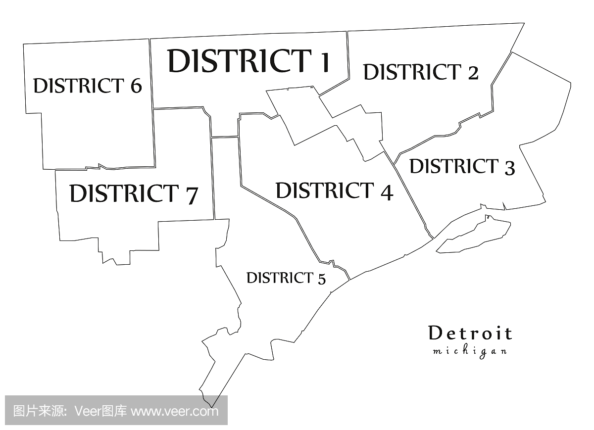 现代城市地图 - 密歇根州底特律市的美国区和标