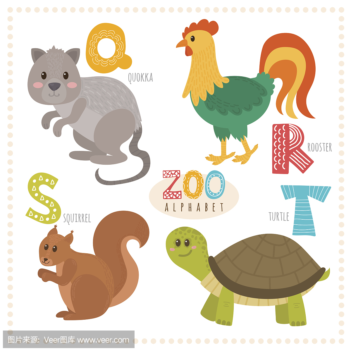 可爱的卡通动物。动物园字母与有趣的动物。
