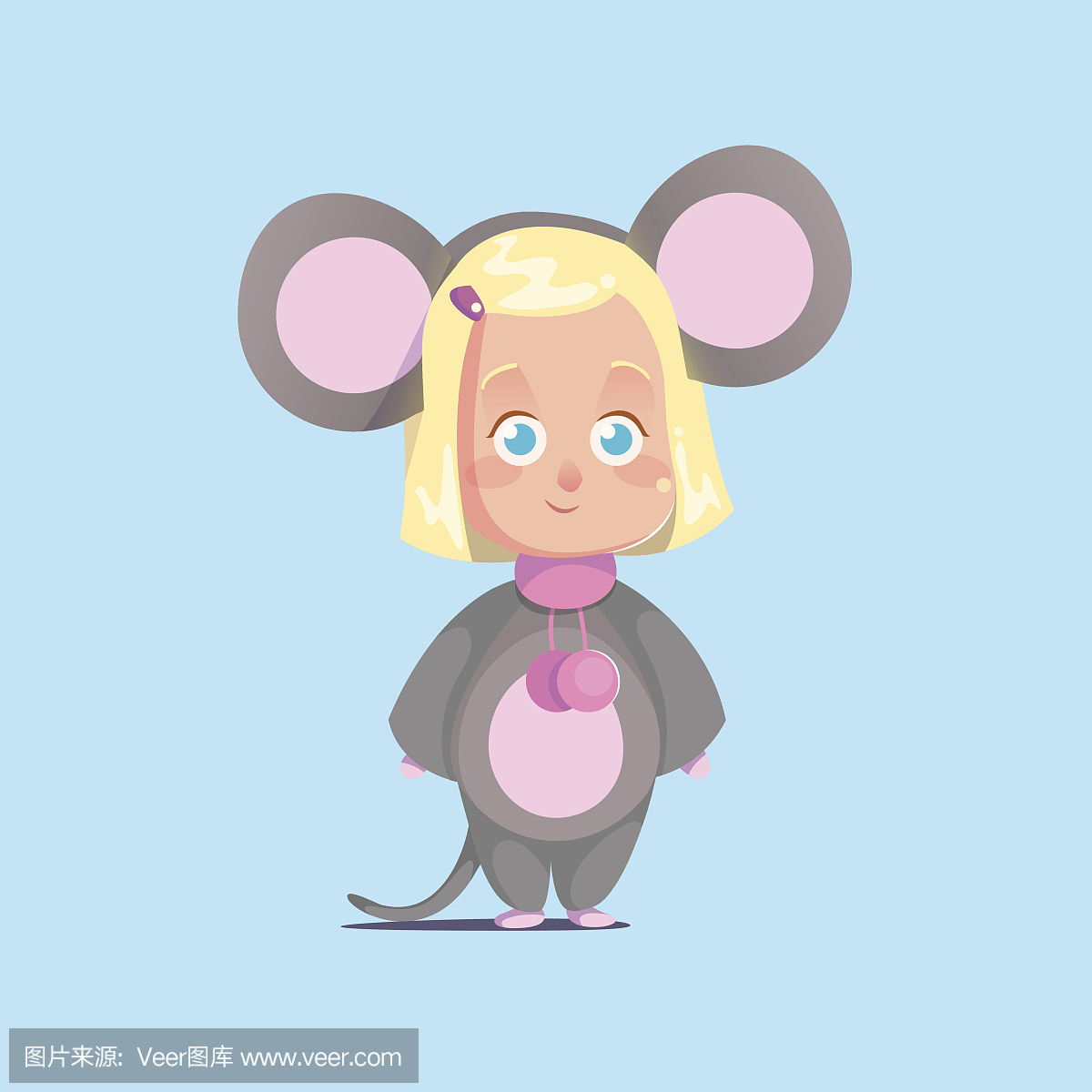可爱的小女孩老鼠服装平面孤立的矢量卡通风格