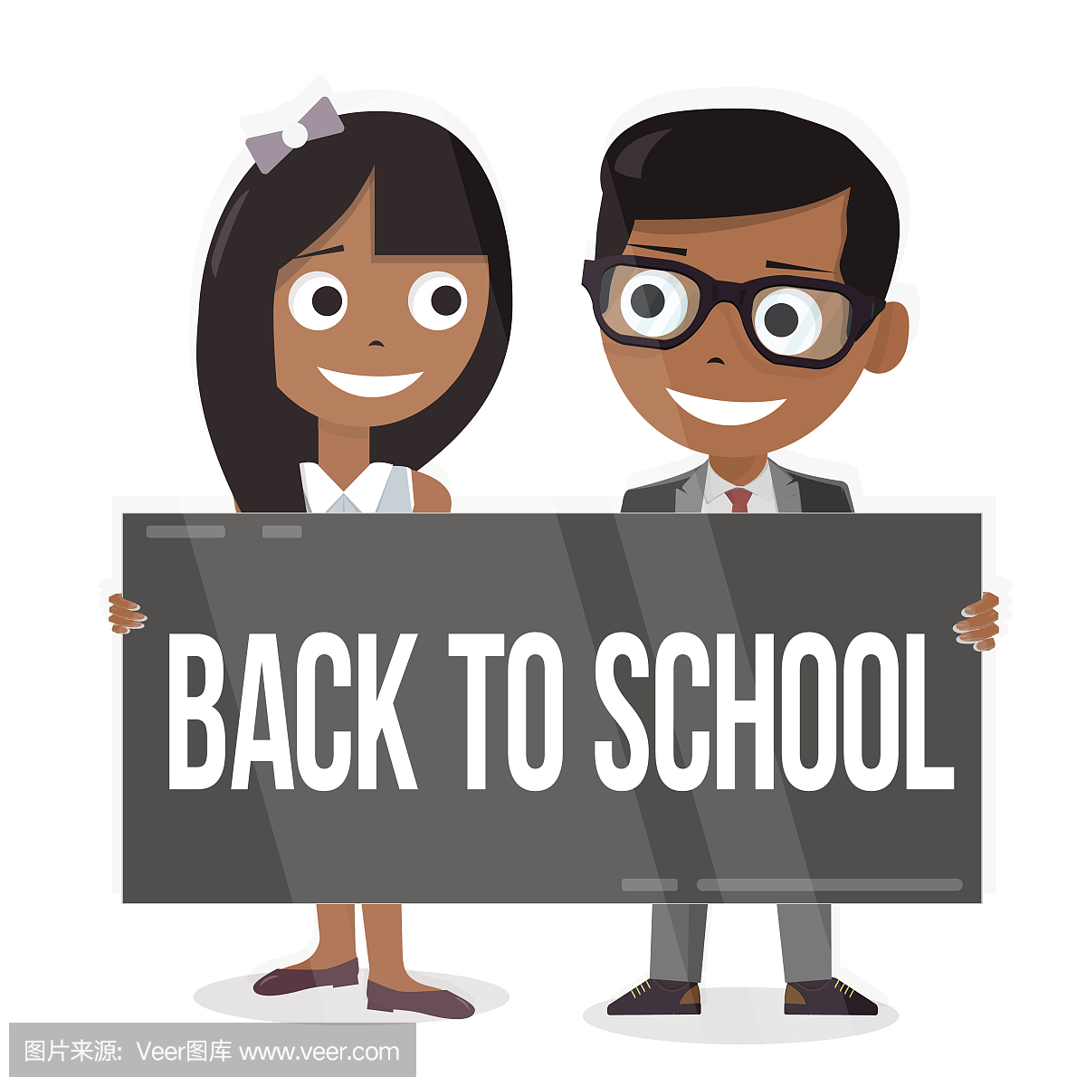 小学生和女学生带标志牌。回到学校。有趣的人