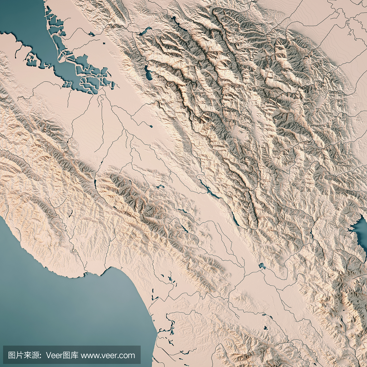 圣克拉拉县加利福尼亚州美国3D渲染地形图中