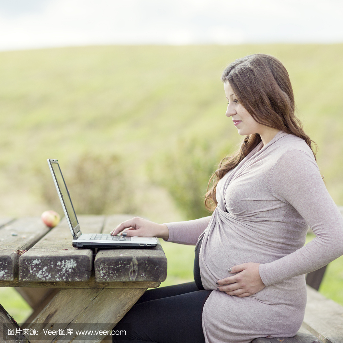 孕妇在笔记本电脑上工作