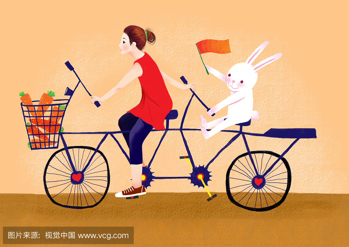 哲理女孩系列插画-双人自行车
