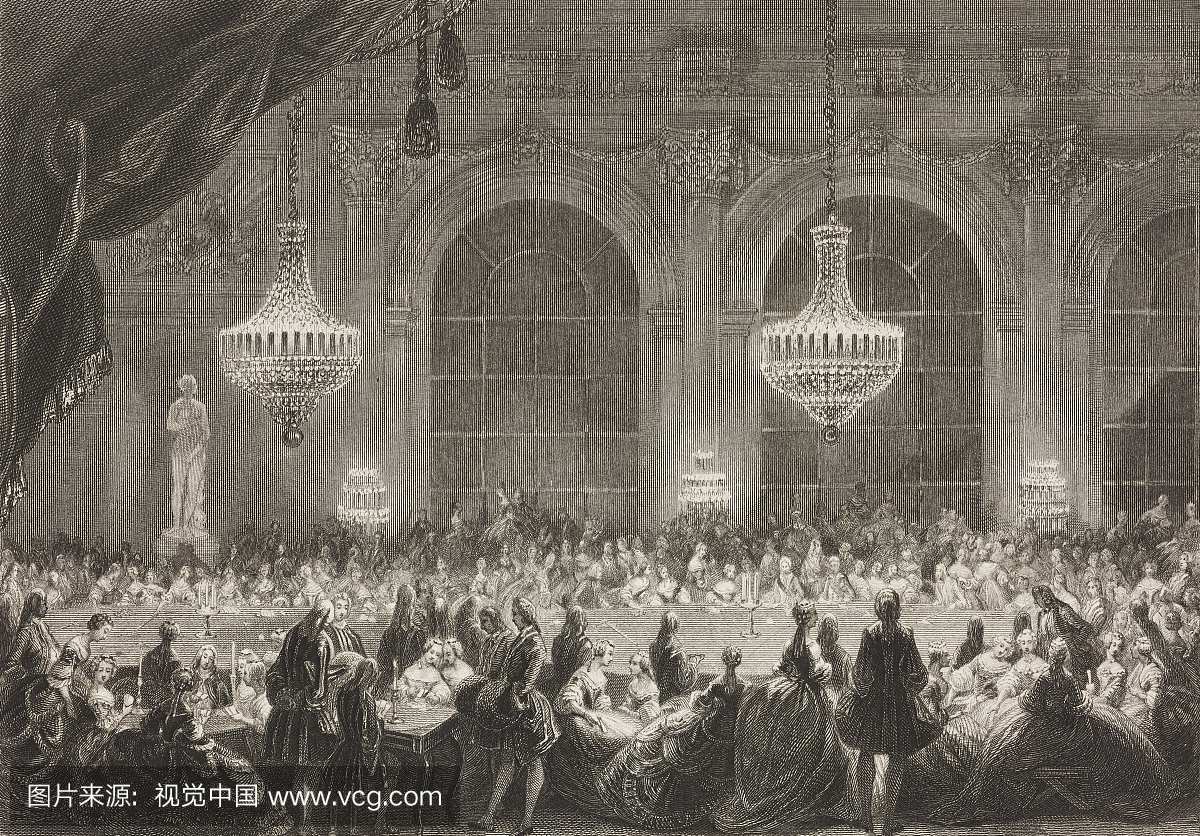 路易十五的法院在凡尔赛宫进行戏剧,由詹姆斯