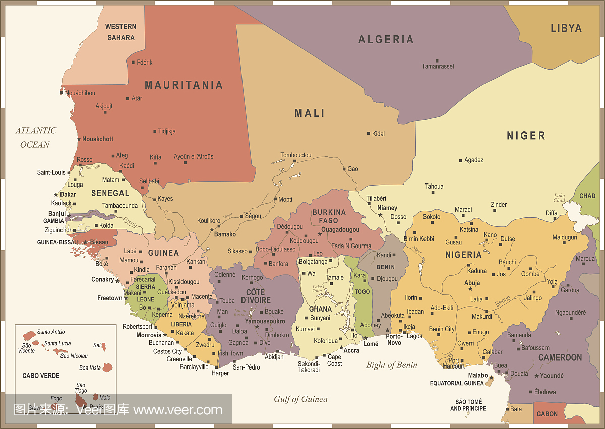 西非地图 - 葡萄酒矢量图
