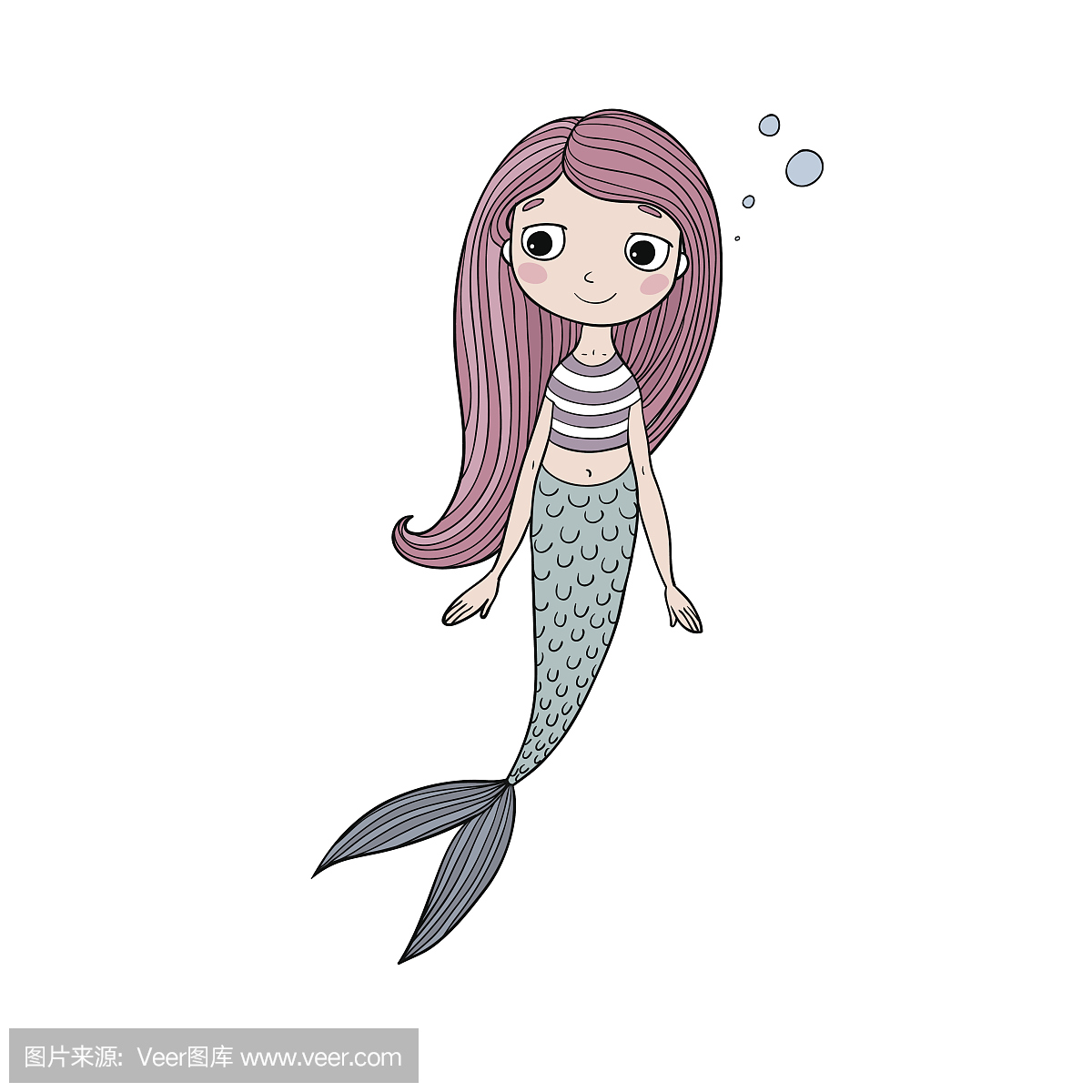 美丽可爱的漫画美人鱼与长长的头发。警笛。海