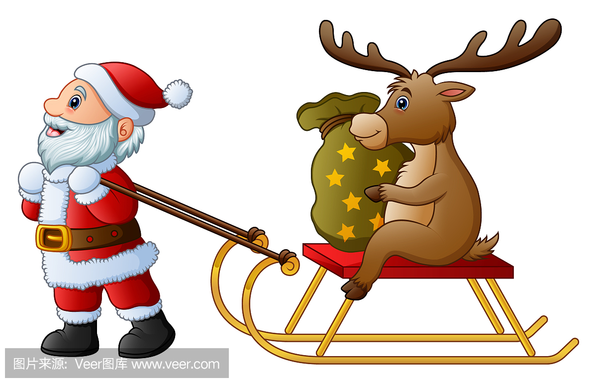 卡通搞笑圣诞老人拉着一只雪橇与一袋礼物的鹿