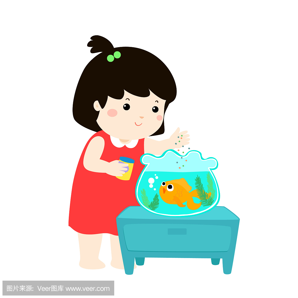可爱的小女孩喂鱼在水族馆卡通的插图。