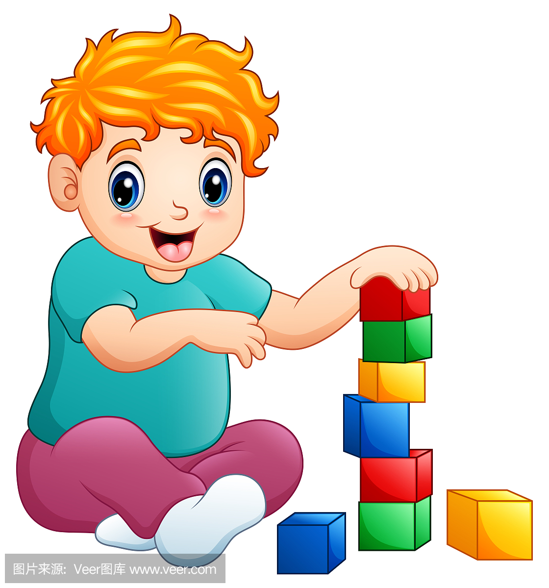 金色头发的小男孩坐在和玩玩具的多维数据集