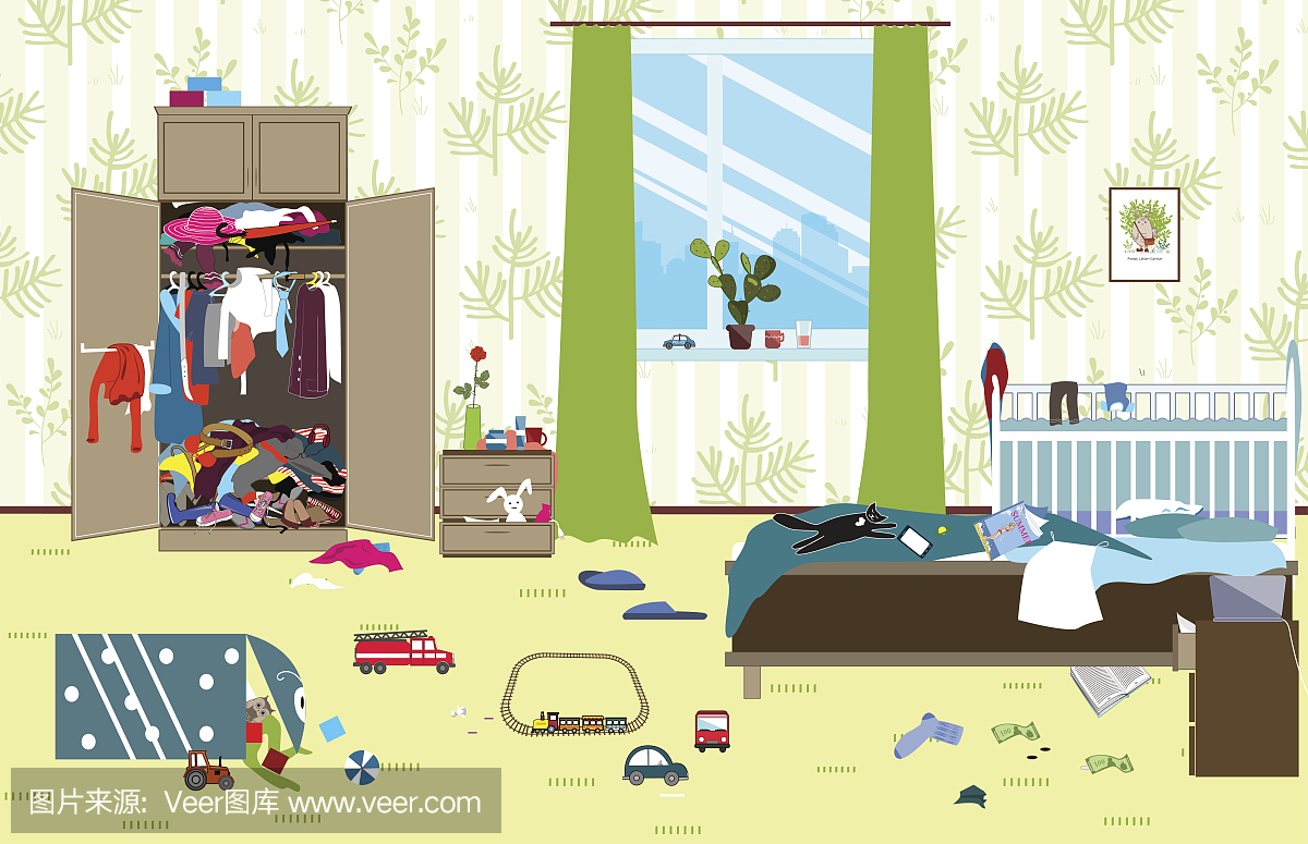 凌乱的房间,年轻的家庭与小宝宝住。不客气的