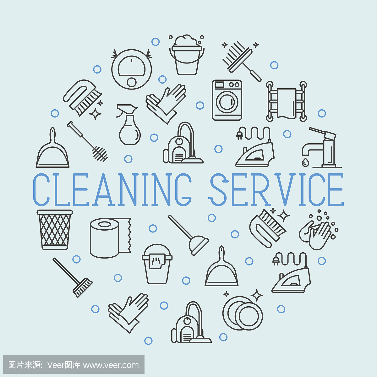 清洁服务理念与细线图标圈:手套,铁,洗衣机,机器