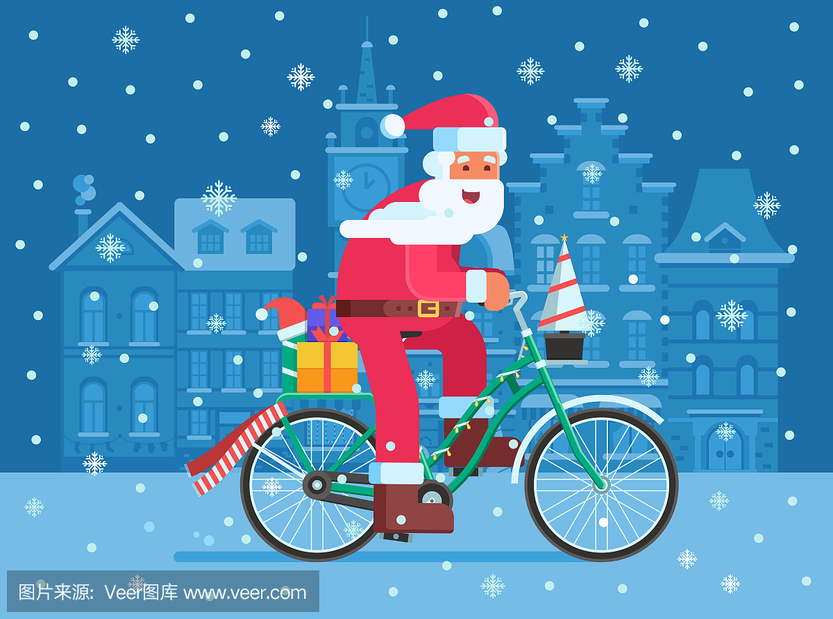 圣诞老人与圣诞节自行车上的礼品袋