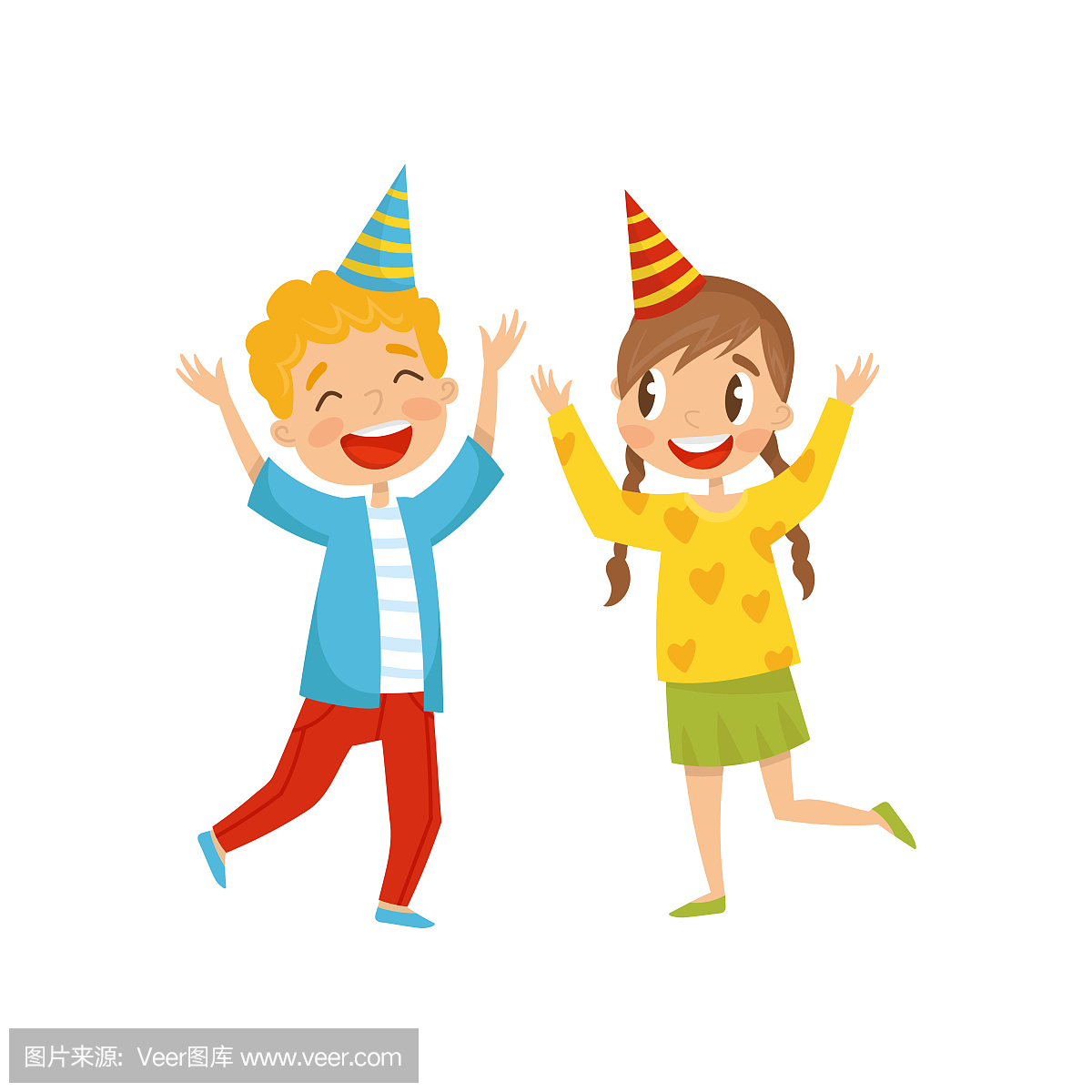 可爱的女孩和男孩在党帽子在生日聚会卡通矢量
