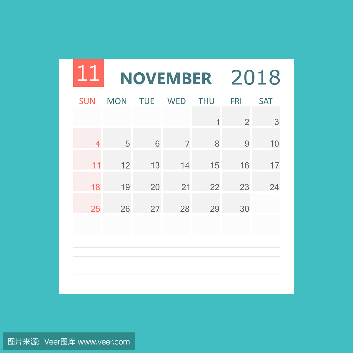 2018年11月的日历。日历计划者设计模板。周