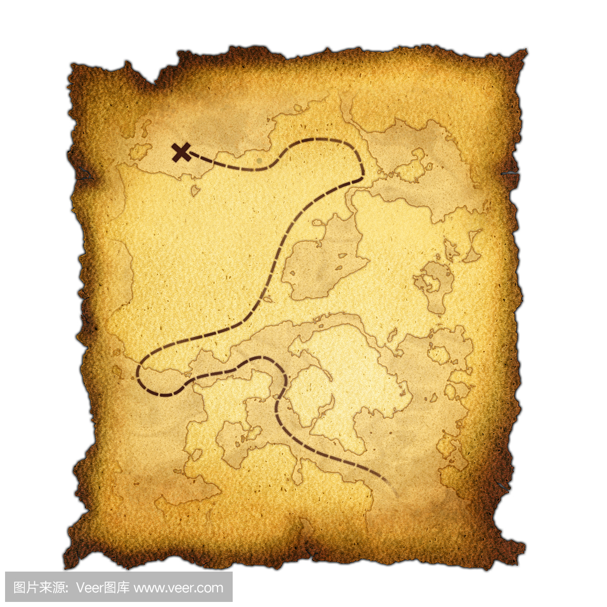 黄色埋藏的宝藏地图与X标记的地方
